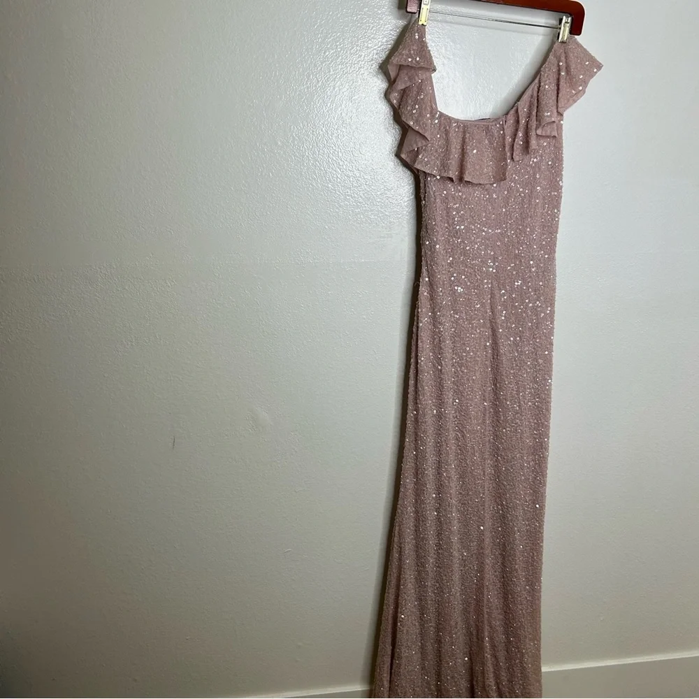 Mac Duggal One Shoulder Asymmetrical Sequin Gown Pink 8